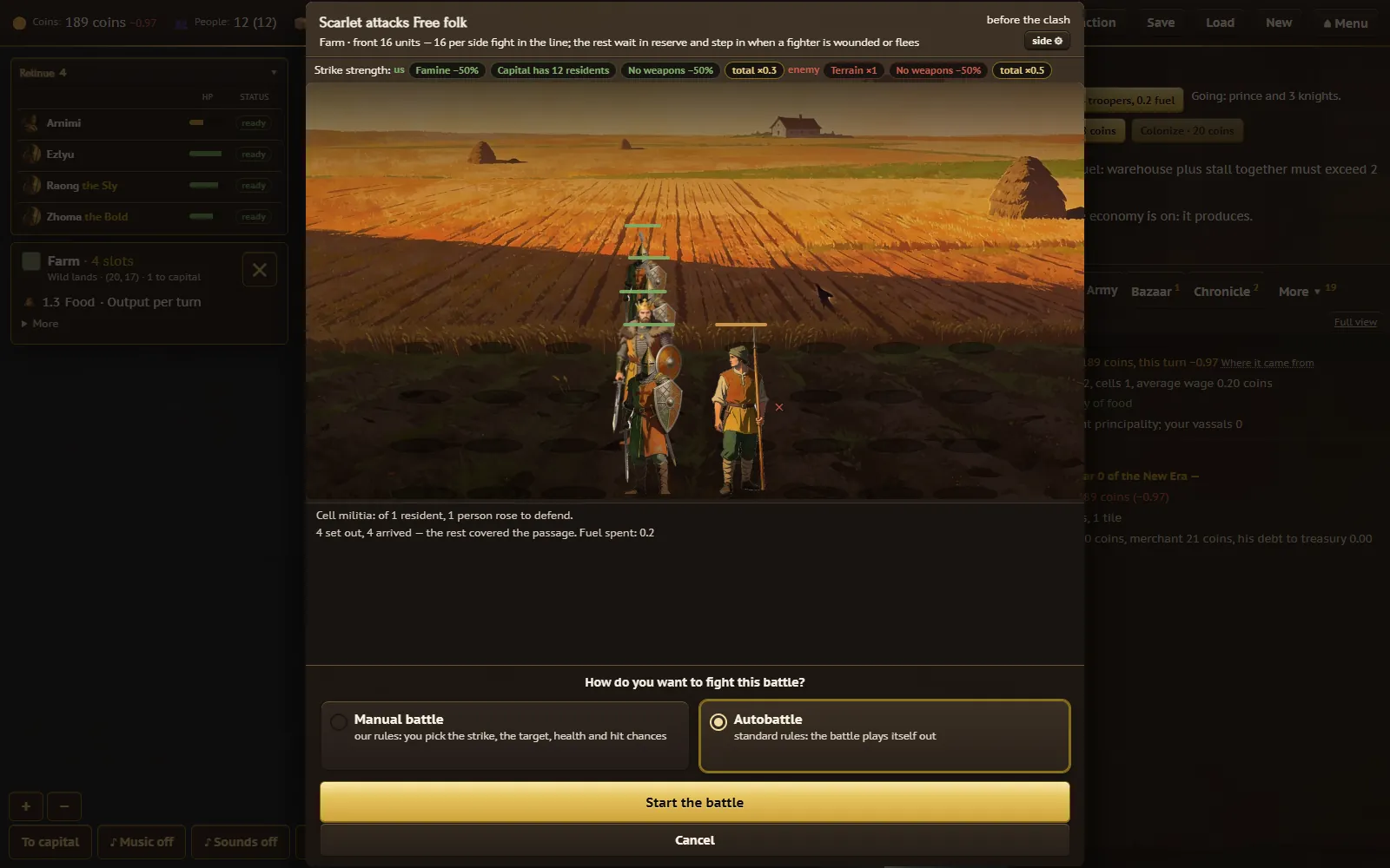 The battle mode choice screen, with Autobattle selected by default and Manual battle as the alternative