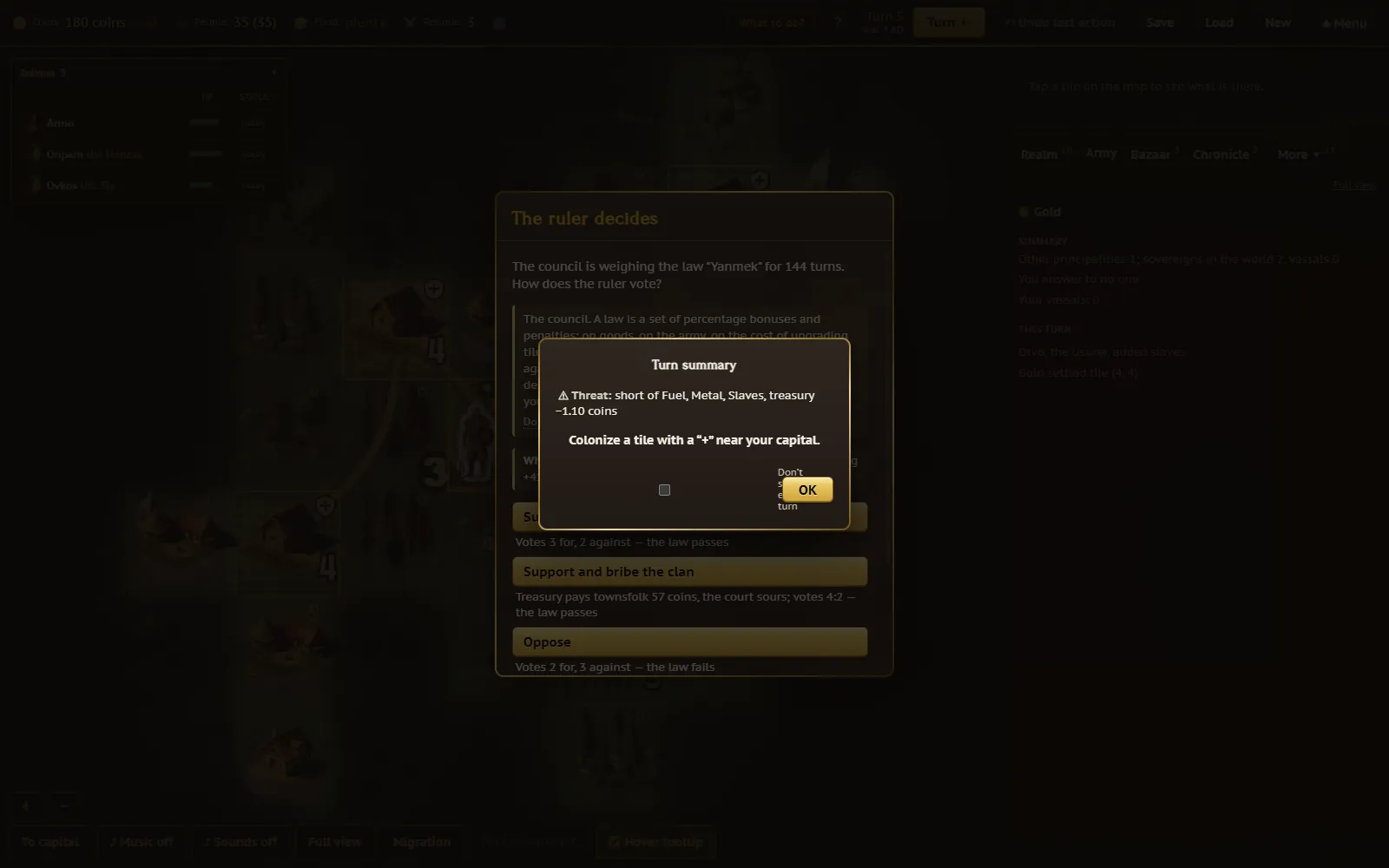 A mid-turn decision dialog asking the player to choose between two options, each showing its consequence