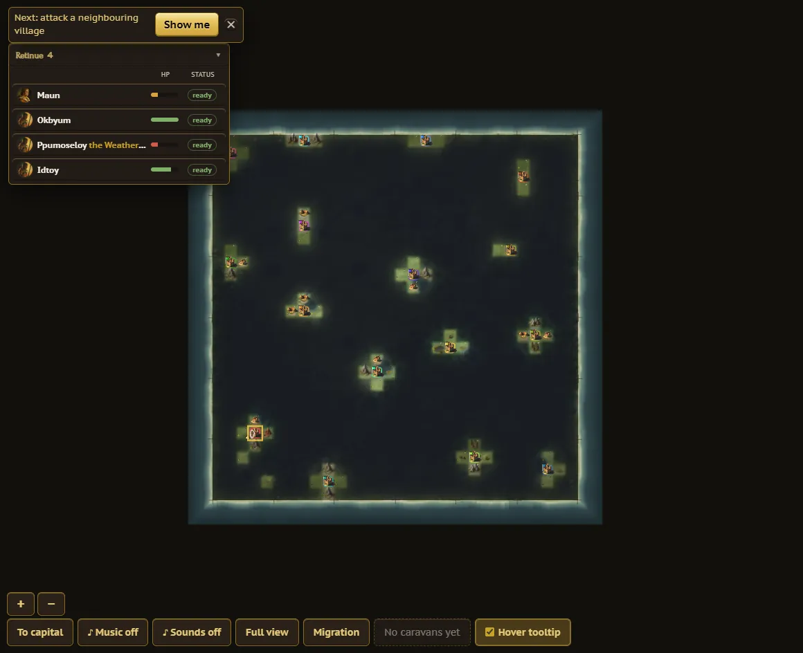 A developed section of the map showing farms, mines, a neighbouring principality's border, and the retinue list to the side