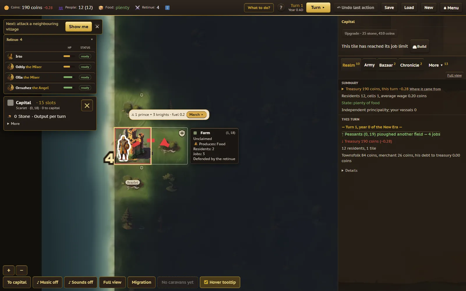 A march being launched from the player's tile toward a neighbouring principality's bordering tile