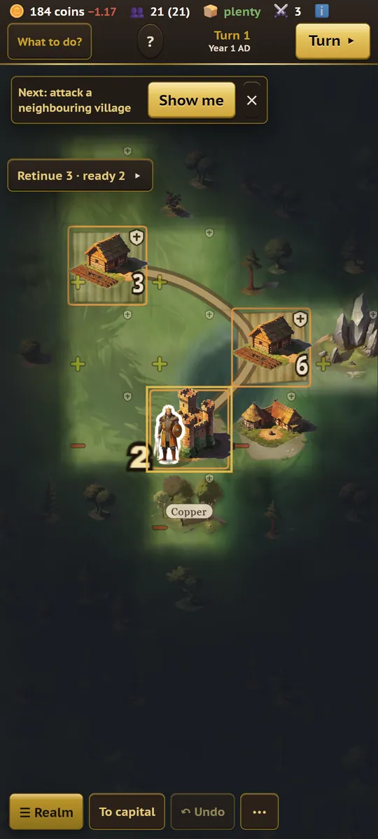Swords and Coins running on a phone screen, with the gold Realm button open at the bottom
