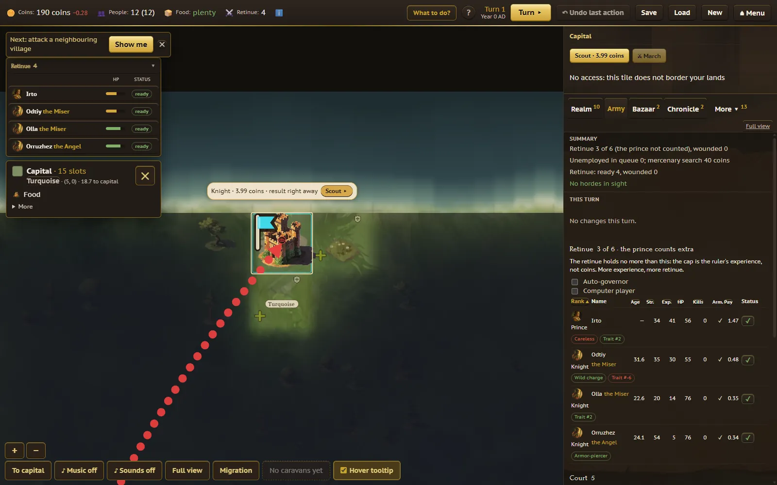 The Army tab listing the ruler and retinue with strength, experience, health, and pay columns