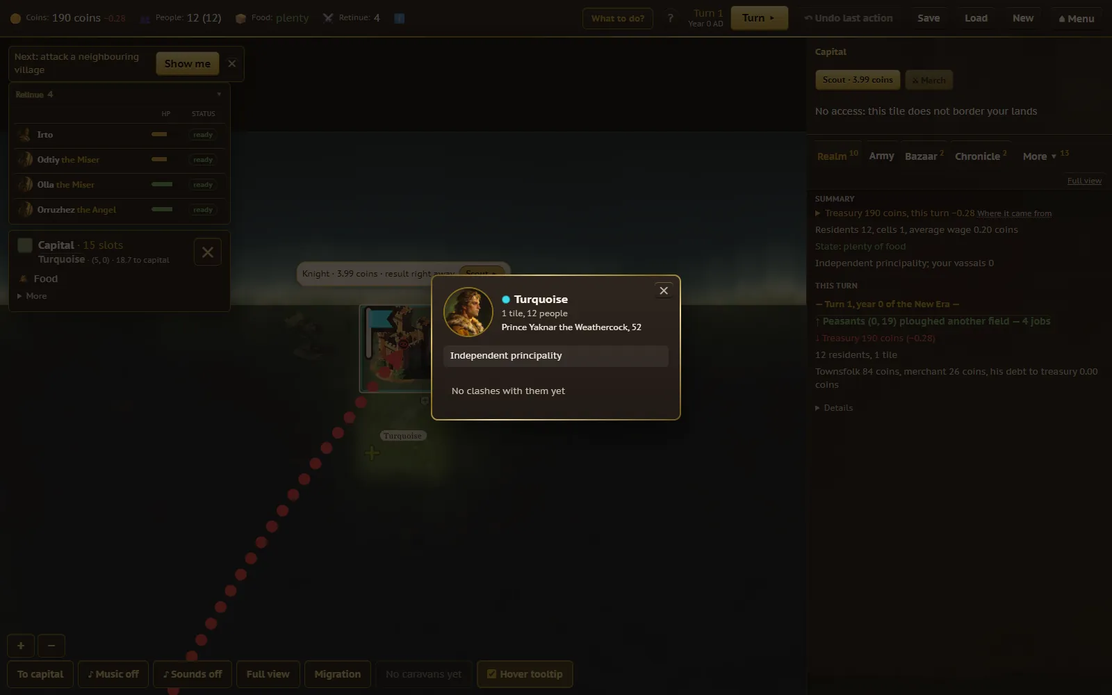 A rival principality's info card, showing its ruler's portrait, name, age, and relation to the player