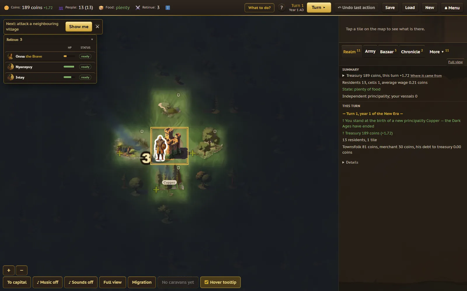 The game's start screen, offering guest play or an account, with map size and starting options