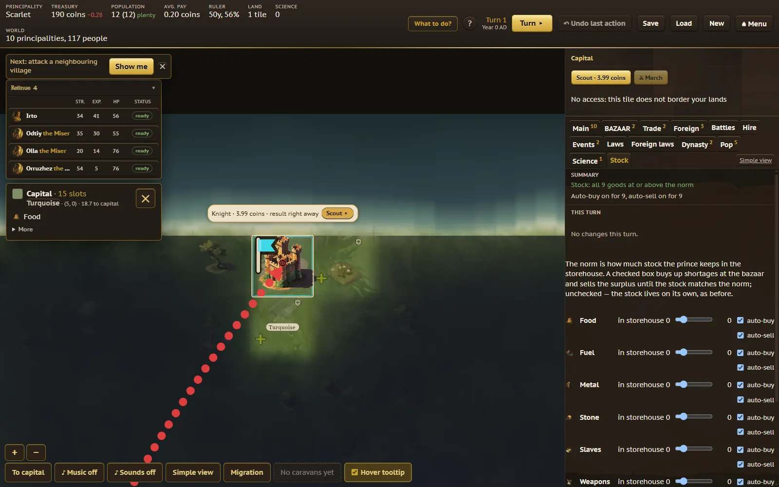 The prince's storehouse panel, with a norm slider and auto-buy checkbox for each good