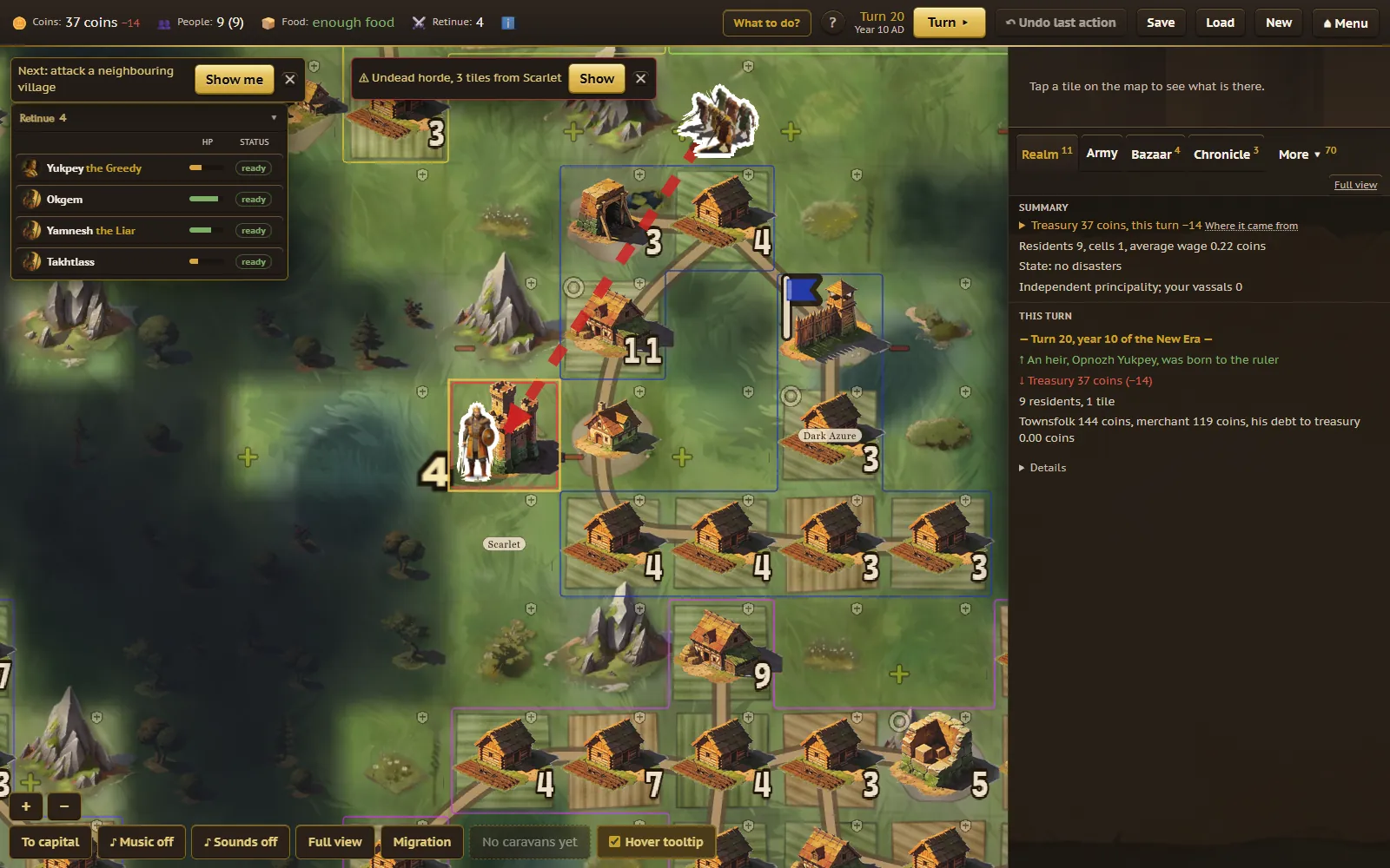 An undead horde marker approaching the player's territory on the map, with a warning indicator