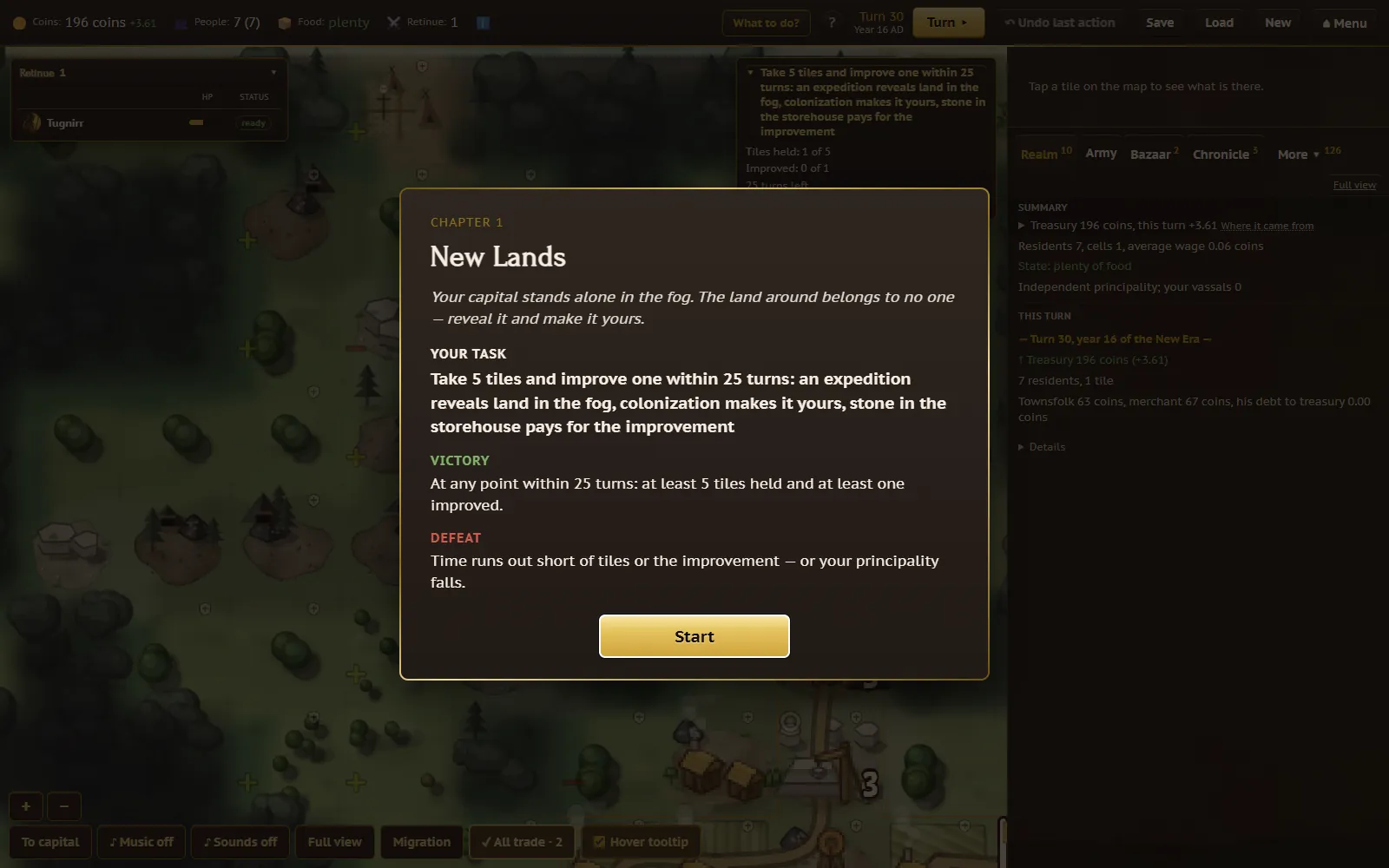 The tutorial campaign chapter select screen, listing seven chapters with their lock status